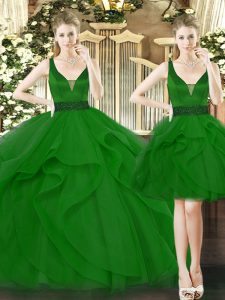 Graceful Straps Sleeveless Quinceanera Gowns Floor Length Beading and Ruffles Green Tulle