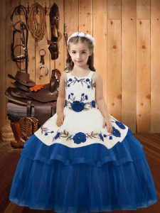 Blue Lace Up Straps Embroidery and Ruffled Layers Little Girls Pageant Dress Wholesale Organza Sleeveless