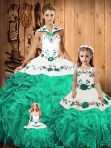 Custom Made Tulle Halter Top Sleeveless Lace Up Embroidery and Ruffles Vestidos de Quinceanera in Green