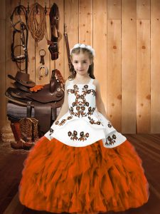 Simple Orange Red Straps Lace Up Embroidery and Ruffles Kids Formal Wear Sleeveless