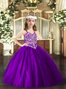 Dazzling Floor Length Purple Pageant Gowns For Girls Straps Sleeveless Lace Up