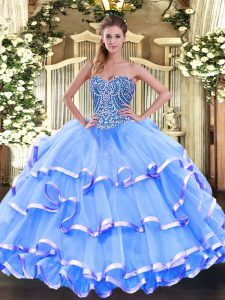 Floor Length Baby Blue 15th Birthday Dress Sweetheart Sleeveless Lace Up