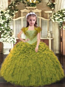 Olive Green Ball Gowns Beading and Ruffles Little Girls Pageant Dress Lace Up Organza Sleeveless Floor Length