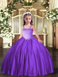 Classical Lavender Ball Gowns Straps Sleeveless Satin Floor Length Lace Up Appliques Little Girls Pageant Dress