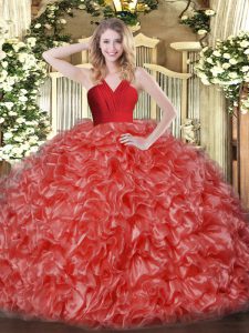 Red Organza Zipper V-neck Sleeveless Floor Length Quinceanera Dress Ruffles