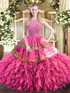 Gorgeous Halter Top Sleeveless Tulle Ball Gown Prom Dress Beading and Ruffles and Sequins Zipper