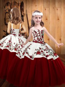 Trendy Red Ball Gowns Tulle Straps Sleeveless Embroidery Floor Length Lace Up Child Pageant Dress