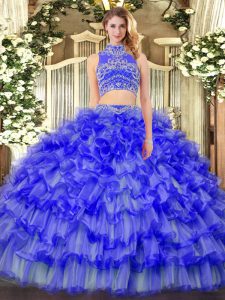 Blue Backless Quince Ball Gowns Beading and Ruffled Layers Sleeveless Floor Length