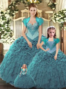 Fabulous Beading and Ruffles Sweet 16 Dresses Teal Lace Up Sleeveless Floor Length