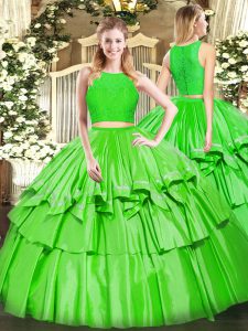 Hot Selling Green Zipper Scoop Ruffled Layers Quinceanera Gowns Tulle Sleeveless