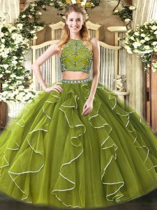 High-neck Sleeveless Sweet 16 Quinceanera Dress Floor Length Beading and Ruffles Olive Green Tulle