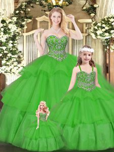 Modest Ball Gowns Quinceanera Dresses Green Sweetheart Organza Sleeveless Floor Length Lace Up