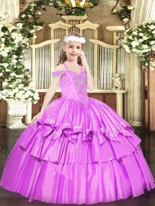 Excellent Lilac Organza Lace Up Off The Shoulder Sleeveless Floor Length Kids Pageant Dress Beading and Ruffled Layers