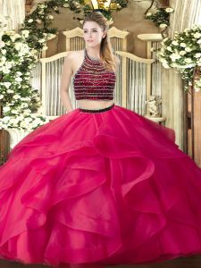 Cute Hot Pink Ball Gowns Halter Top Sleeveless Organza Floor Length Zipper Beading and Ruffles Quinceanera Dresses