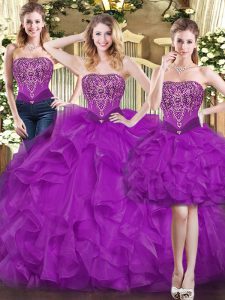 Hot Selling Floor Length Purple Quinceanera Gown Organza Sleeveless Beading and Ruffles