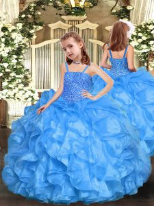 Straps Sleeveless Organza Pageant Gowns For Girls Beading and Ruffles Zipper