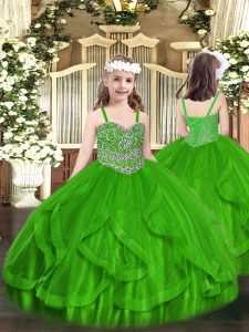 Green Tulle Lace Up Girls Pageant Dresses Sleeveless Floor Length Beading and Ruffles