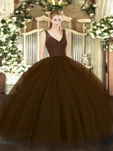 Fine Brown Sleeveless Beading and Lace Floor Length Quinceanera Dresses