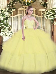 Deluxe Light Yellow Sweetheart Neckline Beading and Ruffled Layers Quinceanera Gowns Sleeveless Lace Up