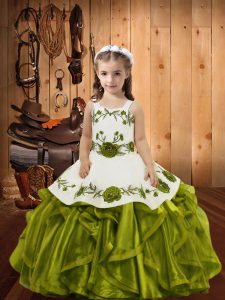 Sweet Straps Sleeveless Organza Little Girls Pageant Gowns Embroidery and Ruffles Lace Up