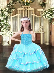 Aqua Blue Sleeveless Beading and Ruffled Layers Floor Length Little Girls Pageant Dress Wholesale