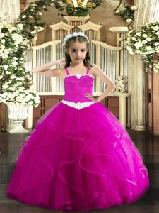 Fuchsia Straps Neckline Appliques and Ruffles Winning Pageant Gowns Sleeveless Lace Up