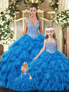 Wonderful Teal Lace Up Quinceanera Gowns Beading and Ruffles Sleeveless Floor Length