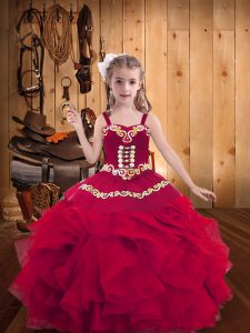 Sleeveless Floor Length Embroidery and Ruffles Lace Up Little Girls Pageant Gowns with Red