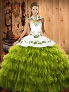 Flare Olive Green Sleeveless Floor Length Embroidery and Ruffled Layers Lace Up Quince Ball Gowns