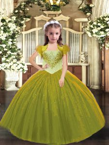 Latest Olive Green Straps Lace Up Beading Child Pageant Dress Sleeveless