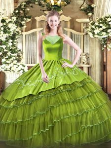 Glamorous Olive Green Ball Gowns Beading and Embroidery Quinceanera Dress Side Zipper Organza Sleeveless Floor Length