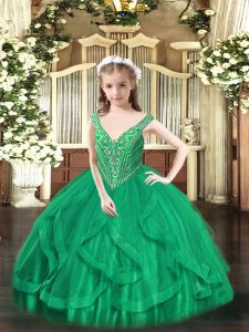 Turquoise Tulle Lace Up V-neck Sleeveless Floor Length Little Girls Pageant Dress Beading and Ruffles