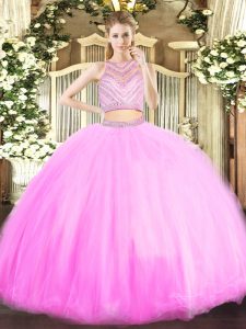 Custom Designed Scoop Sleeveless Vestidos de Quinceanera Floor Length Beading Lilac Tulle