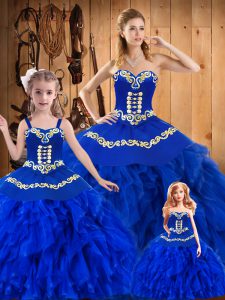 Pretty Floor Length Lace Up Sweet 16 Dress Royal Blue for Military Ball and Sweet 16 and Quinceanera with Embroidery and Ruffles