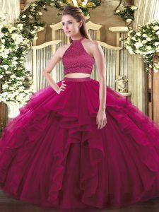 Inexpensive Fuchsia Halter Top Backless Beading and Ruffles Quinceanera Dress Sleeveless