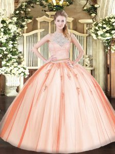 Charming Lace and Appliques Sweet 16 Dresses Orange Zipper Sleeveless Floor Length