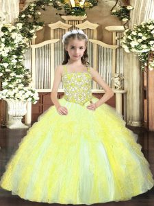 Glorious Yellow Green Lace Up Straps Beading and Ruffles Little Girls Pageant Dress Tulle Sleeveless