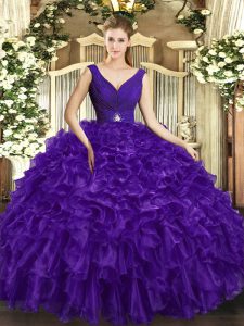 Popular Purple Ball Gowns V-neck Sleeveless Organza Floor Length Backless Beading and Ruffles Vestidos de Quinceanera