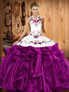 Eggplant Purple Sleeveless Embroidery and Ruffles Floor Length Ball Gown Prom Dress