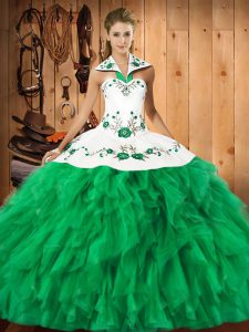 Clearance Green Sleeveless Satin and Organza Lace Up Quinceanera Dresses for Military Ball and Sweet 16 and Quinceanera