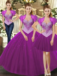 Fuchsia Ball Gowns Beading Quinceanera Dress Lace Up Tulle Sleeveless Floor Length