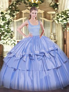 Floor Length Zipper Sweet 16 Quinceanera Dress Blue for Military Ball and Sweet 16 and Quinceanera with Beading and Ruffled Layers