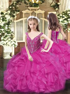 Fuchsia Ball Gowns Beading and Ruffles Kids Pageant Dress Lace Up Organza Sleeveless Floor Length