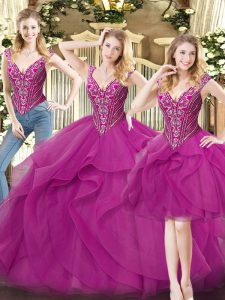 Clearance Floor Length Fuchsia Sweet 16 Dresses Organza Sleeveless Beading and Ruffles