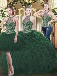 Fabulous High-neck Sleeveless Lace Up Vestidos de Quinceanera Dark Green Organza