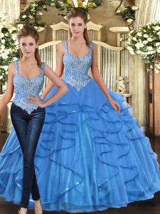 Smart Beading and Ruffles Ball Gown Prom Dress Aqua Blue Lace Up Sleeveless Floor Length