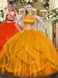 Customized Orange Red Two Pieces Bateau Sleeveless Tulle Floor Length Criss Cross Ruffles 15 Quinceanera Dress