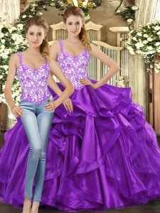 Eggplant Purple Sleeveless Beading and Ruffles Floor Length 15th Birthday Dress