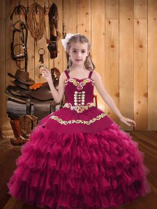 Sleeveless Organza Floor Length Lace Up Little Girl Pageant Dress in Fuchsia with Embroidery and Ruffled Layers