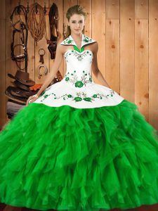 Satin and Organza Sleeveless Floor Length Quince Ball Gowns and Embroidery and Ruffles